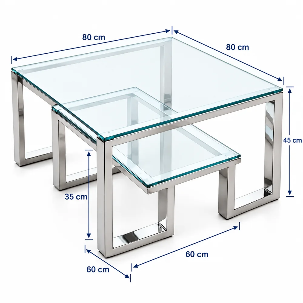 Dimensions indicatives : grande table 80 par 80 par 45 cm ; petite table 60 par 60 par 35 cm